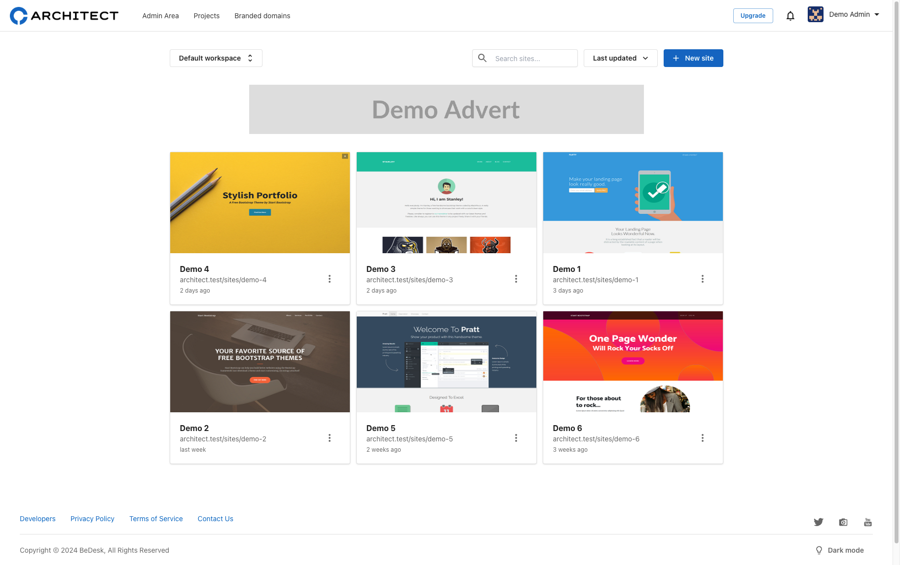 Exemplo de painel para gerir sites, domínios e clientes